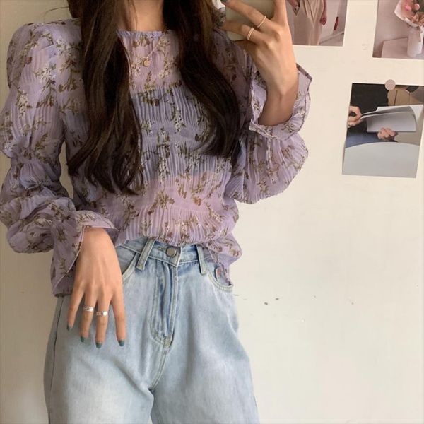 

purple flare sleeves chiffon blouses elegance vintage 2020 office lady chic light loose women thin all match shirts, White
