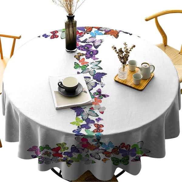 

wipeable round table cover alphabet font design with colorful butterflies in different sizes and shapes print