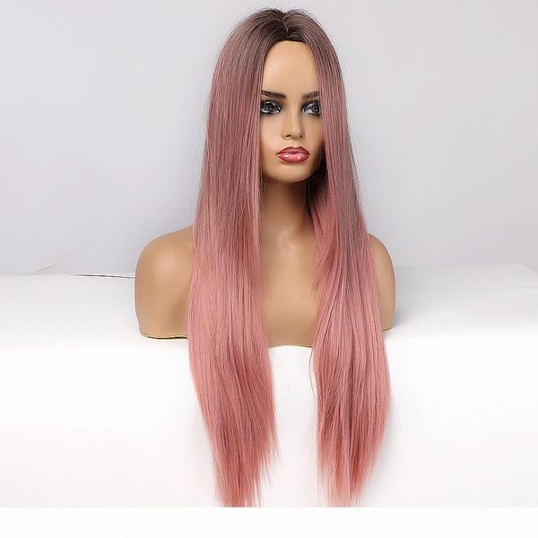 

quality2pcs long ombre brown pink synthetic hair wigs for women cosplay wigs heat resistant wavy and straight natural hair wig, Black