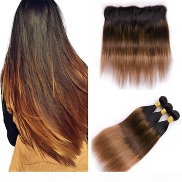 

#1b 4 30 ombre peruvian human hair bundles with lace frontal 13x4 straight black brown to auburn 3tone ombre hair weaves with frontal