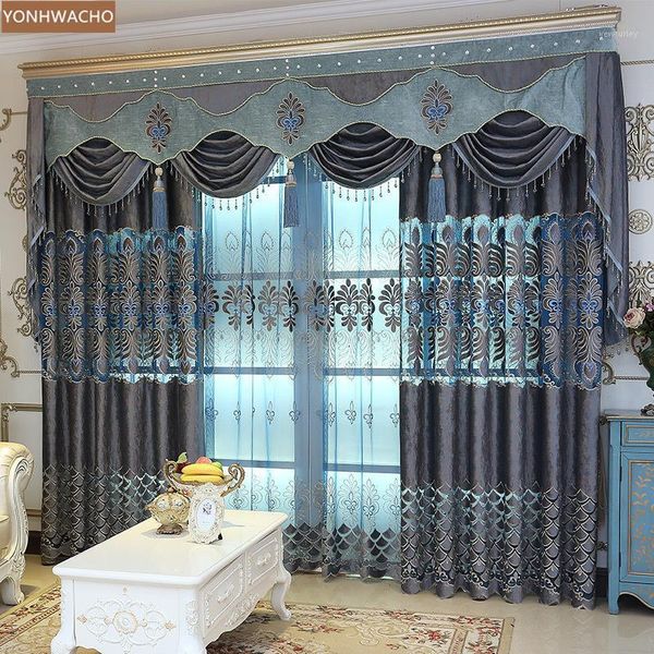 

curtain & drapes custom high-grade european modern living room embroidery blue cloth blackout valance tulle panel c1651