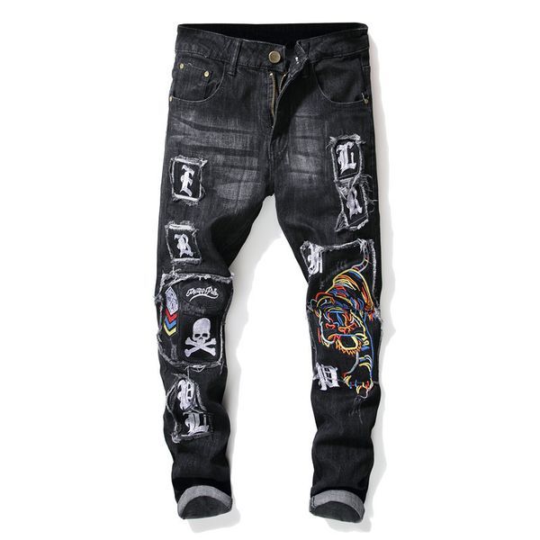 

2021 new black skulls torn jeans for men embroidered hip hop hole denim fine men's pencil fashion pants yt50242 w46s, Blue