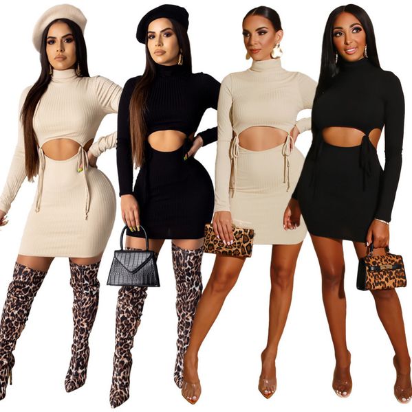 

women 2 piece set dress designer high collar long sleeve bandage hollow knee skirt ladies fashion solid dresses outfits p896, White