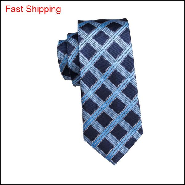 

hi-tie 100% silk tie set business men plaid blue necktie handkerchief cufflinks set ties for men wedding par qyluep homes2007, Blue;white