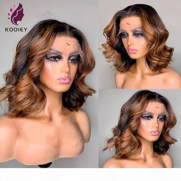 

ombre lace human hair wig brazilian blonde brown highlight short wave bob wig 13x6x1 lace human hair remy pre plucked, Black;brown