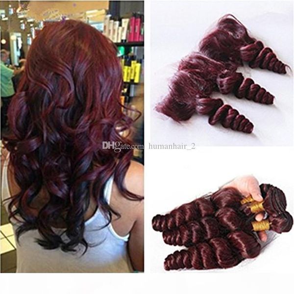 

loose wave peruvian virgin human hair 3 bundles with lace frontal cosure color #99j with frontal wine red human hair weaves with closure, Black;brown