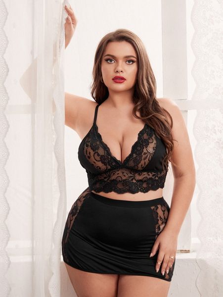 

plus floral lace bralette with skirt lingerie set z9nr#, Black;white