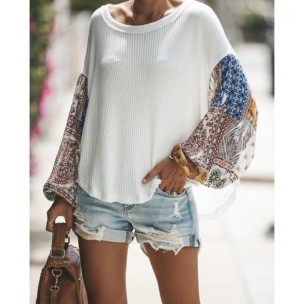 

women pullovers knitted sweater autumn o-neck lantern sleeve splice color matching boho patchwork sweater loose jumper 1, White