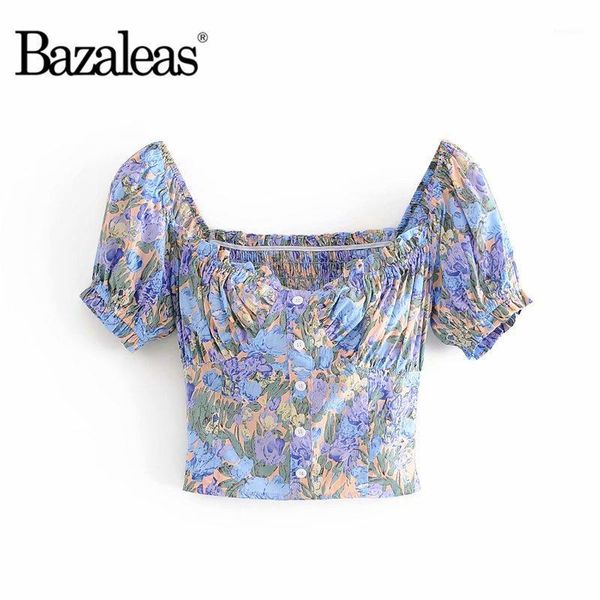 

bazaleas vintage blusas mujer de moda center buttons blusas shirts purple blue floral print women blouse1, White