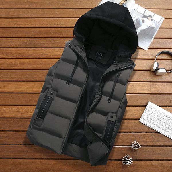 

thicken waistcoat men casual sleeveless jacket men's winter vest coat zipper brand fashion spring autumn hooded vests male parka, Black