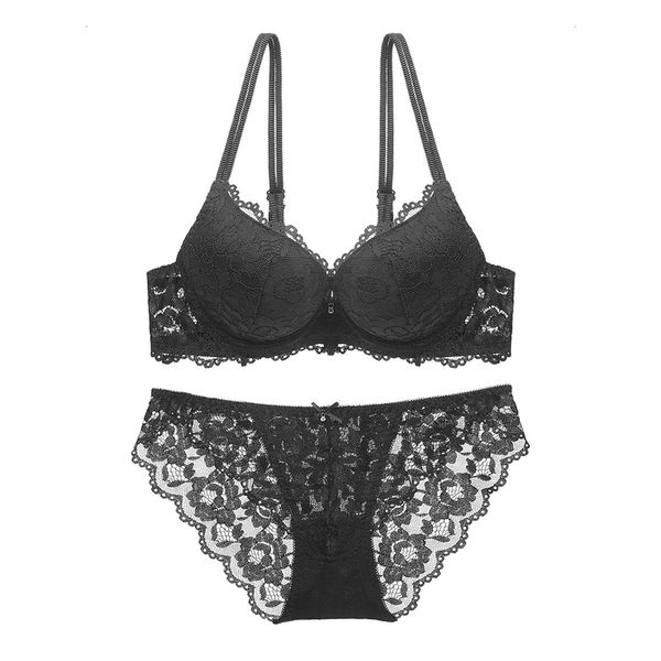 

women's lace underwear, comfortable, breathable and supportive bra thin upper and lower thick gather bra set wt045 c1211, Black;white