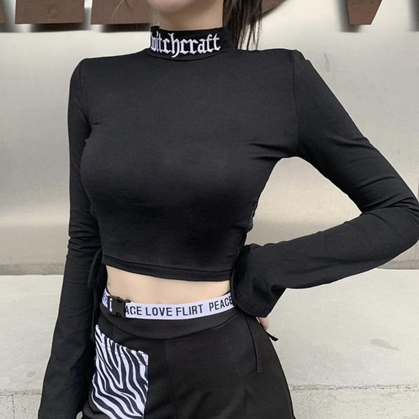 

streetwear turtleneck gothic t shirt women harajuku tshirt letter embroidered long sleeve t shirts spring autumn crop, White