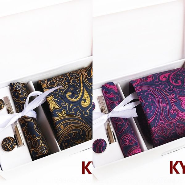 

1pfk gusleson new design wedding set with box hanky box jacquard woven gravata silk tie sets cufflinks necktie gift for tie party men, Black;blue
