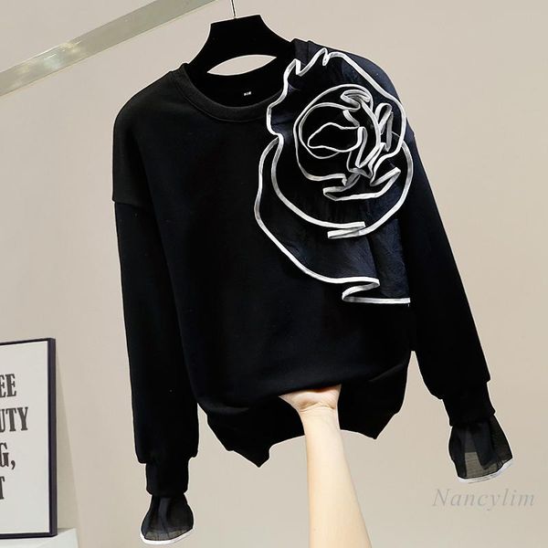 

трехмерная большая цветочная толстовка с капюшоном круглые шеи пуловер лоскутный колокольчик толстовка модных белых черных, Black