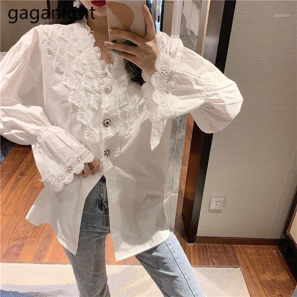 

women's blouses & shirts gaganight lace women white blouse long sleeve v neck shir office lady spring blusas chic korean fashion vintag
