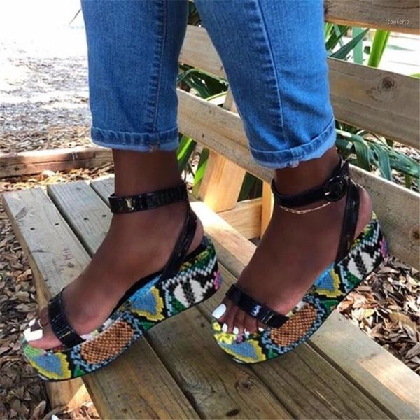 

platform shoes woman sandals open toe 2020 fashion colorful snake color ladies summer ankle buckle shoes plus size 431, Black