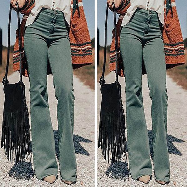 

autumn and winter women's fashion high waist elastic slim loose flared pants new jeans for women, Blue
