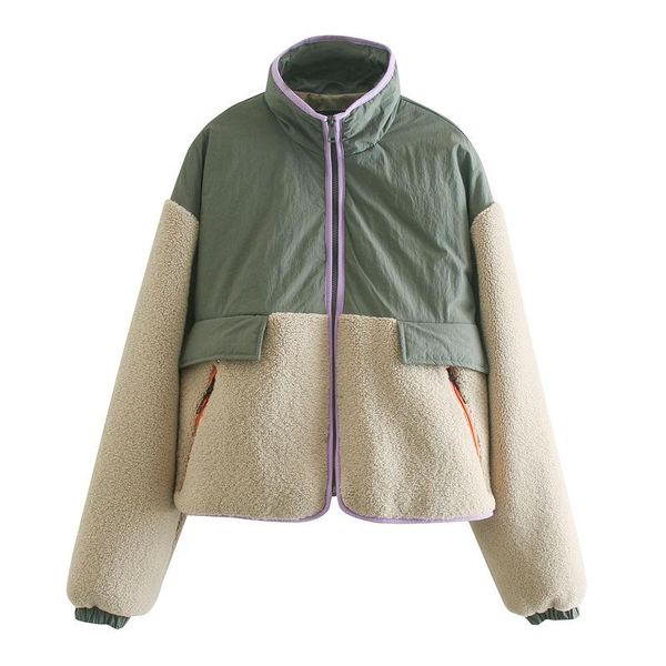 

women's jackets 2021 autumn winter european american stitched jacket zipper stand patchwork streetwear lamb wool, Black;brown