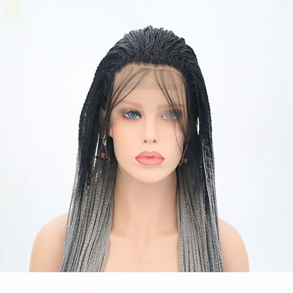 

synthetic braided wigs synthetic dark roots ombre grey heat resistant for women glueless synthetic lace front braid wig with baby hair, Black