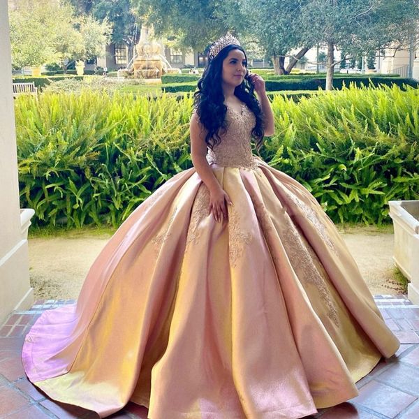 

champagne satin lace sweet 16 dresses ball gowns quinceanera 2021 v-neck cap sleeve princess vestidos de novia graduation formal gowns long, Blue;red