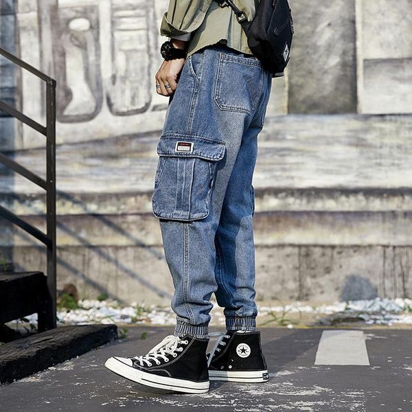 

2019 autumn and winter new style japanese-style trend loose and plus-sized workwear jeans lace-up elastic waist harem beam leg t1, Blue