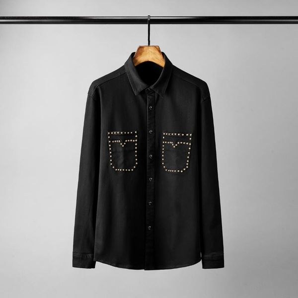 

new denim mens shirts luxury long sleeve two pockets casual mens dress shirts loose party man autumn and winter, White;black