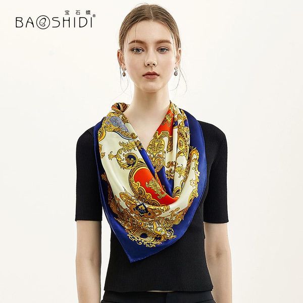 

baoshidi] 2020 new arrival 100% satin silk 90*90 large square scarf, original design, elegant lady present scarf, Blue;gray