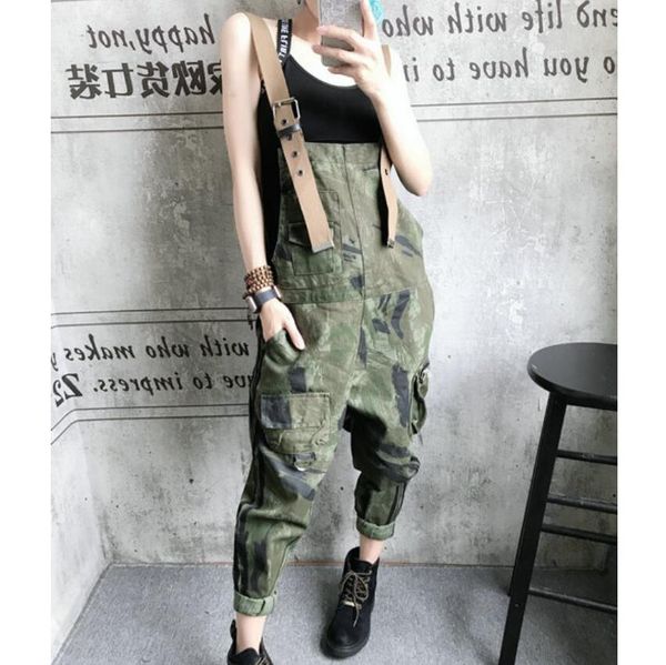 

spring fall streetwear loose female 2021 shredded playsuits camouflage sleeveless hip hop overalls bodysuit q764 oh4a, Black;brown