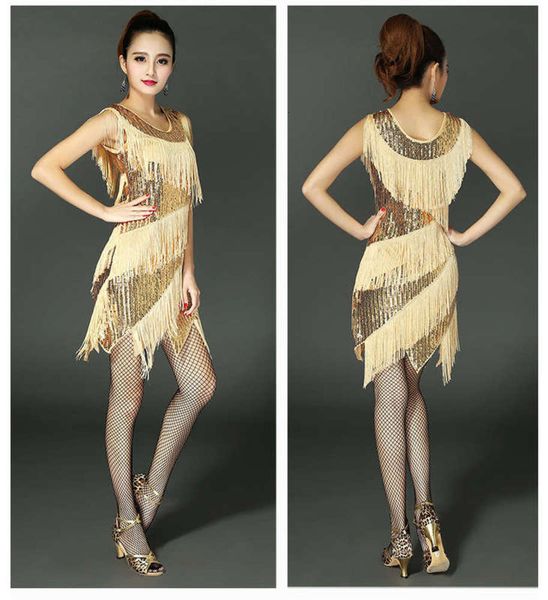 

slim new sequin double crew neck show latin dance dress 2265, Black;gray