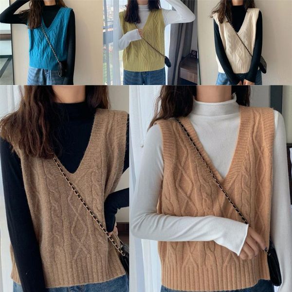 

women's vests korean knitted sweater vest for spring autumn solid casual vintage sleeveless twist knitwear tank girls streetwear, Black;white