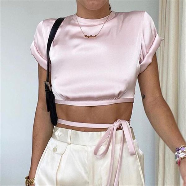 

angels secret satin women t-shirt summer short sleeve backless o-neck crop black streetwear shirts female tee ag30159, White