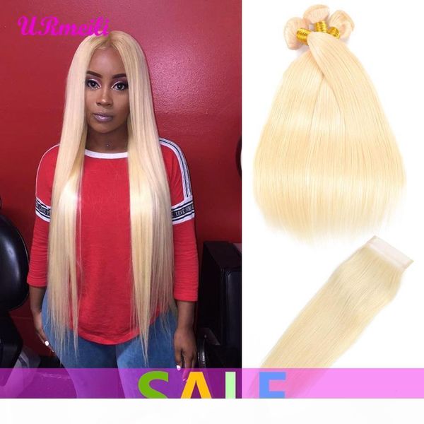 

613 blonde bundles with closure 4x4 part brazilian virgin hair weave 3 4 bundles with closure remy hair extension 30inch bundles, Black;brown