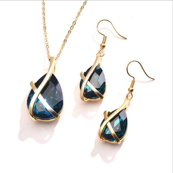

asian new style inlaid peacock blue water drop pear-shaped necklace and earrings suite european and american wedding banquet ornament, Golden