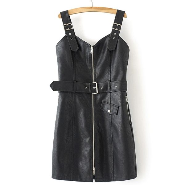 

pu leather v-neck belt zipper mini women's dresses harajuku cute princess pink black fashion bag hip female dress autu y200805, Black;pink