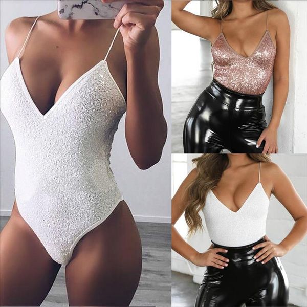 

2019 sequin bodysuit jumpsuit women sleeveless bodycon v neck party club bodysuit femme summer clothing, Black;white