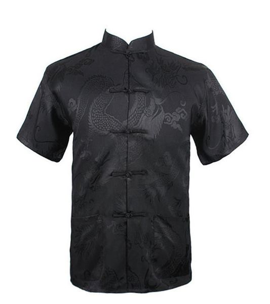 

chinese traditional men's long kung fu shirt short sleeve tang men's chinese style button down stand collar dad shirt, White;black