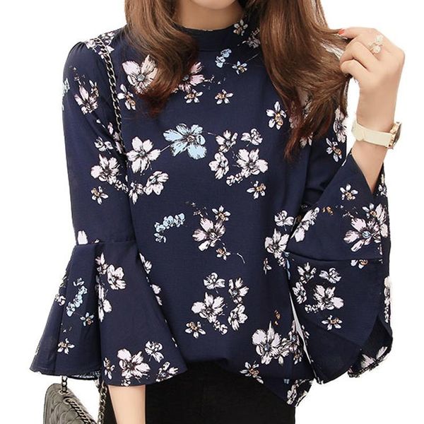 

women's o neck floral print blouse 3/4 flare sleeve casual summer loose elegant shirt new women clothes blusas, White
