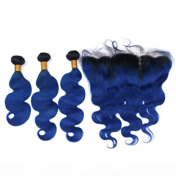 

#1b blue ombre brazilian human hair bundles with lace frontal closure 13x4 body wave dark blue ombre virgin hair weft weaves with frontal, Black
