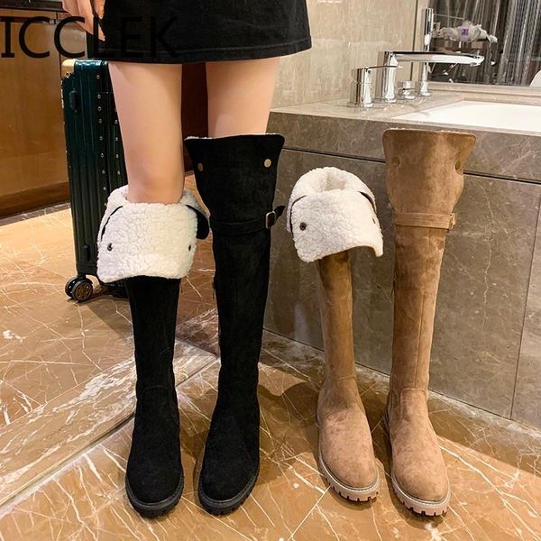 

boots thigh high women shoe solid color round head zipper suede casual over the knee low heel shoes, Black