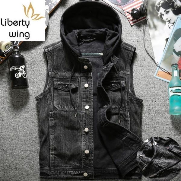 

men's vests autumn mens washed denim vest jacket hoody single breasted cowboy jeans waistcoat slim fit tank plus size biker outerwear1, Black;white