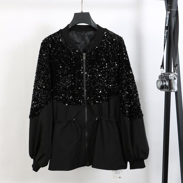 

2021 autumn and winter new cotton coat women's heavy industry sequins glittering stitching zipper long-sleeved cotton jacket1, Black;brown