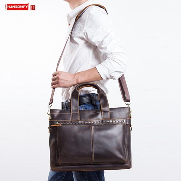 

genuine leather hand-brushed men bags fashion handbag retro shoulder messenger brown bag casual business men briefcase1