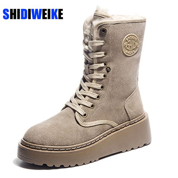 

winter leather short women casual snowboots wiggen warm pluche lace up katoen shoes platform women's laarzen, Black