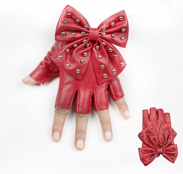 

longkeeper 2020 new female semi pu fingerless bow mittens half-finger woman leather dance gloves g82