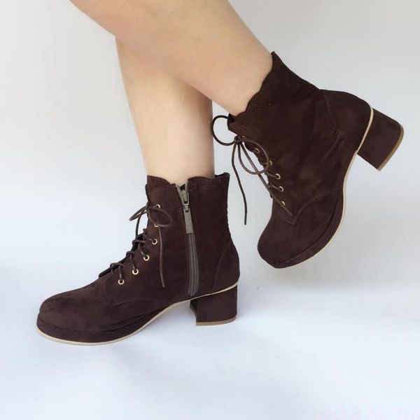 

boots japanese style sweet lace up princess ankle lolita cosplay maid shoes side zip, Black