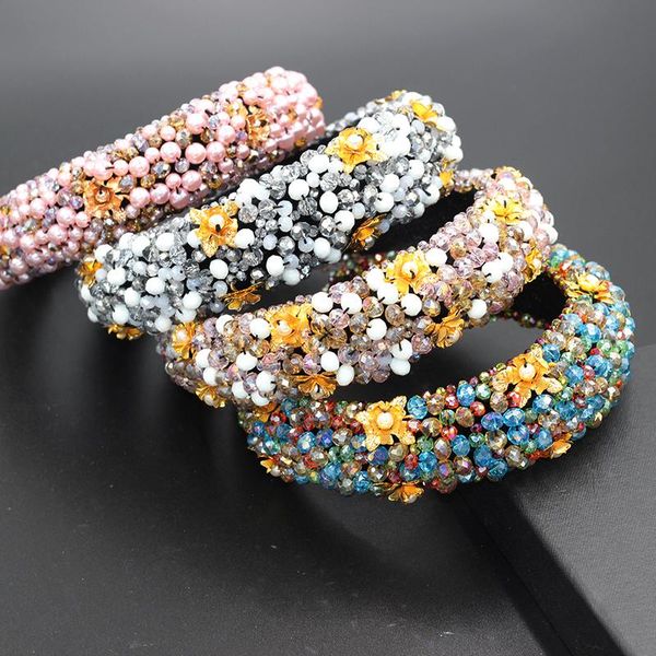 

fashion baroque crystal bead thickened sponge gold wire handmade beaded headband women's pearl flower headband 733, Golden;silver