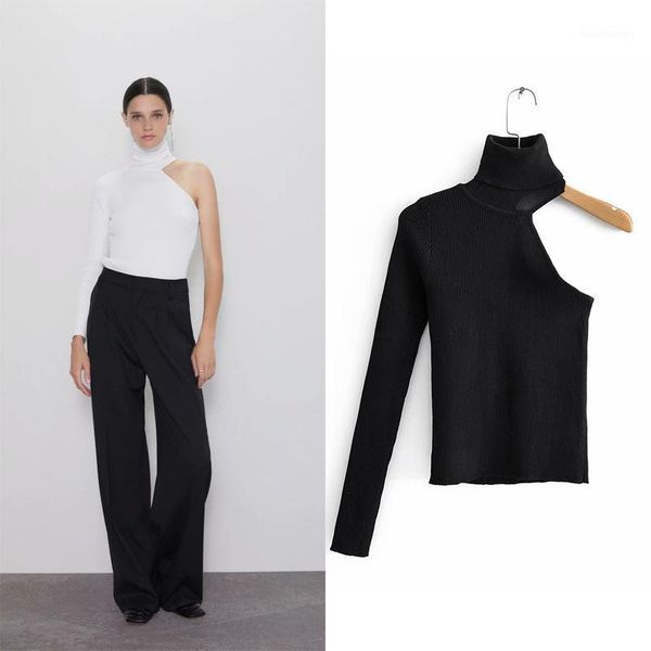 

2019 autumn new single sleeve strapless black white sweater fashion women clothes high neck casual slim sweater travel vacation1