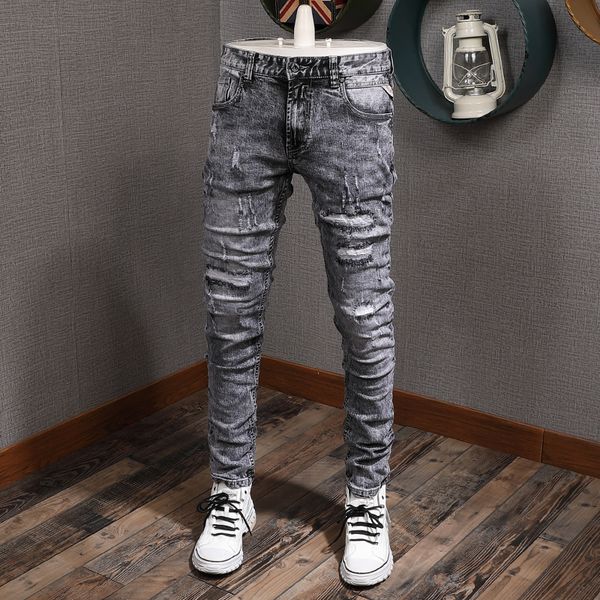 

2021 new fashion streetwear retro gray washed slim fit ripped men patchwork elastic pants vintage designer jeans homme mnn2, Blue