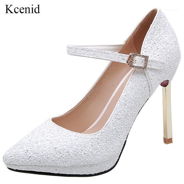 

kcenid 2021 spring autumn high heels shoes woman pumps pointed toe glitter bling strap pumps party shoes gold silver white1, Black