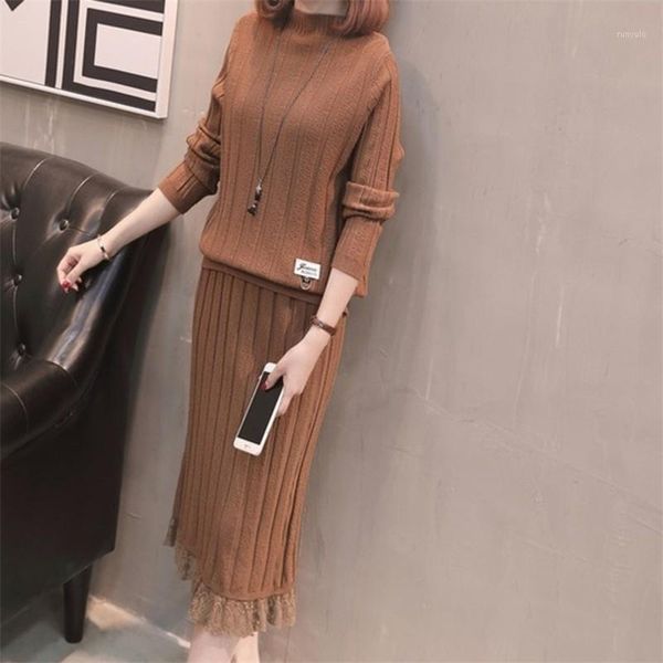 

korean fashion casual 2019 lace patchwork knitte skirt long sleeve sweater autumn spring clothes women two pieces set qh1401, White